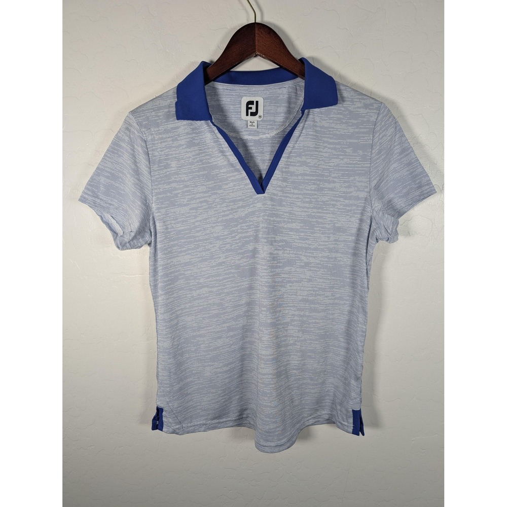 FootJoy Polo Shirt Womens Medium Blue Heather V Neck Golf Short Sleeve Athletic